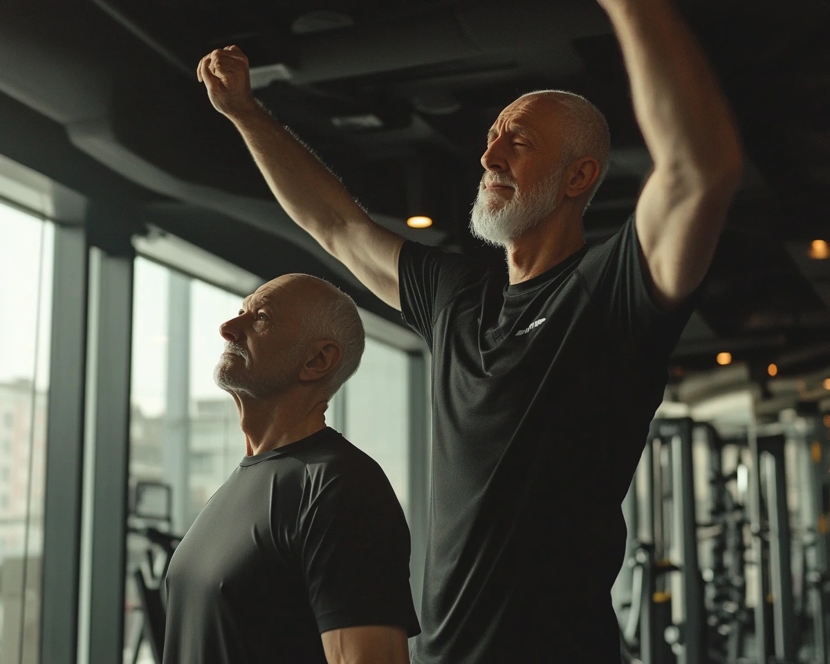 Тренер допомагає пенсіонеру виконувати вправи