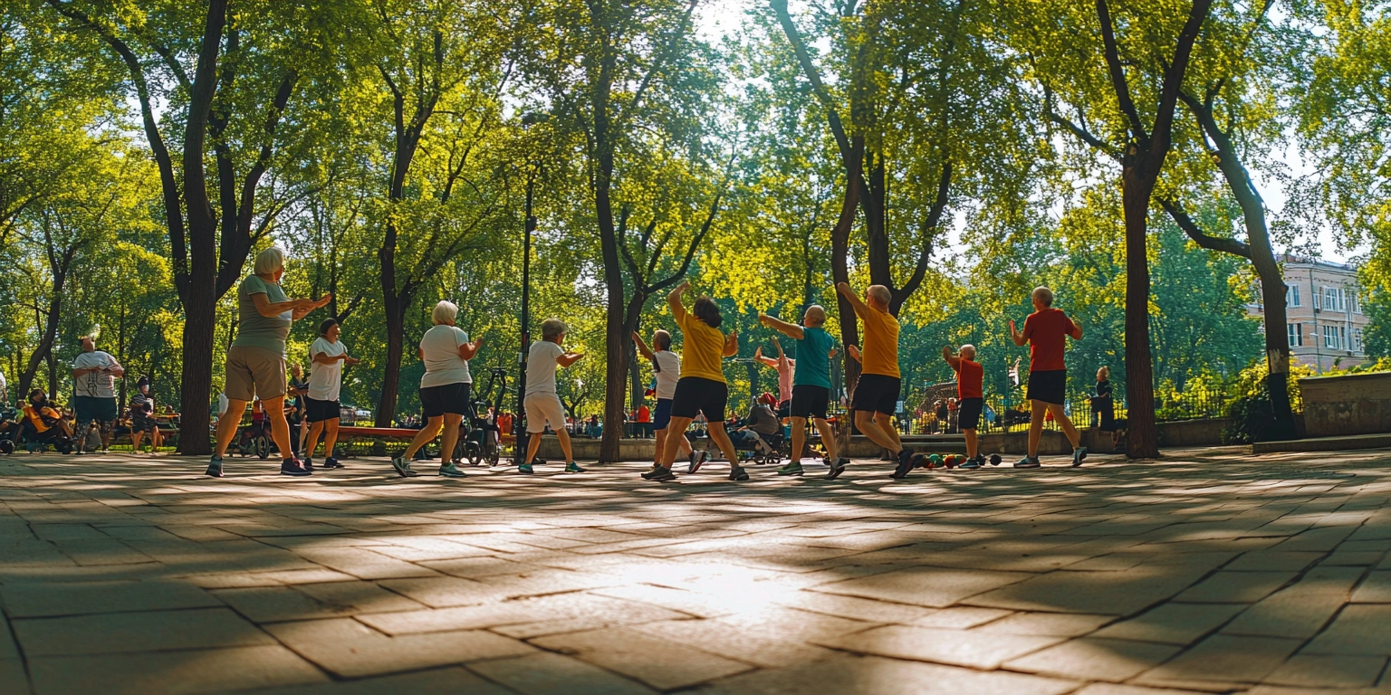 Активні пенсіонери займаються спортом у міському парку