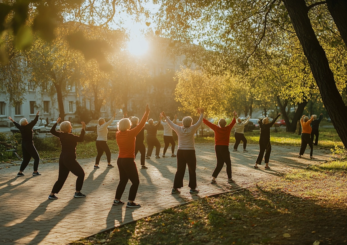 Група пенсіонерів виконує легкі вправи на свіжому повітрі