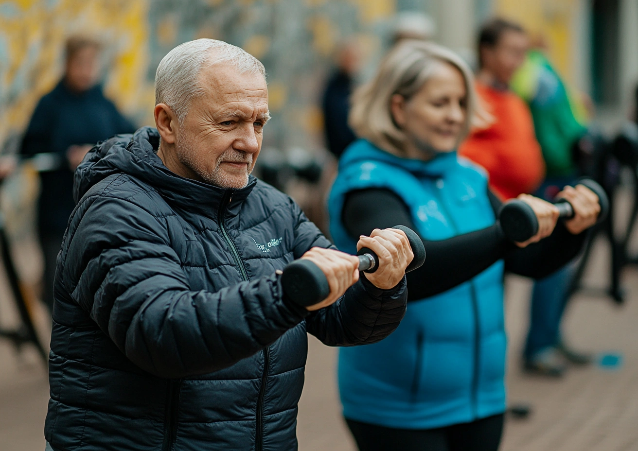 Пенсіонери виконують вправи на зміцнення м'язів з легкими гантелями
